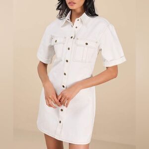NWT Lulus Renske White Denim Button-Front Short Sleeve Mini Dress Size M